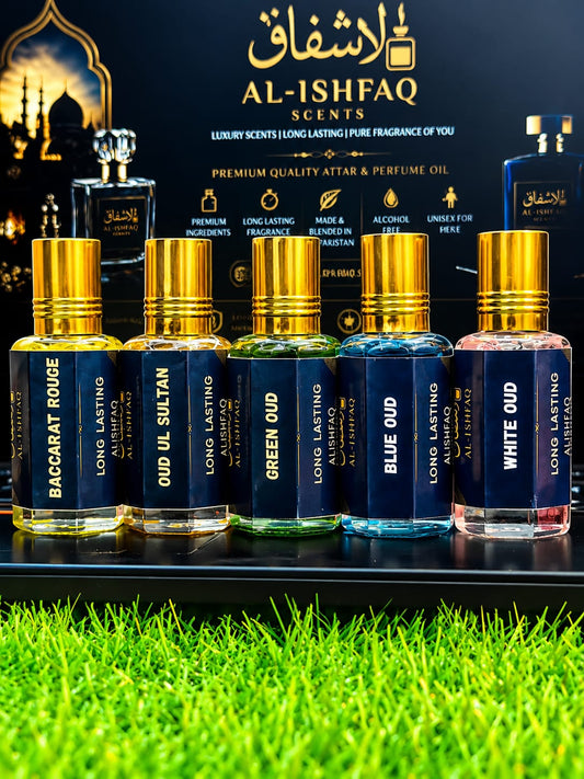 Exclusive 5-Piece Oud Attar Set | White Oud, Blue Oud, Green Oud, Oud ul Sultan & Baccarat Rouge